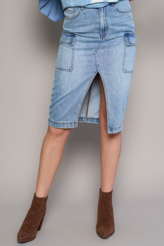 high rise front High Rise Front Slit Cargo Skirt MEDIUM WASH (skirt) - shop at us.meeeshop