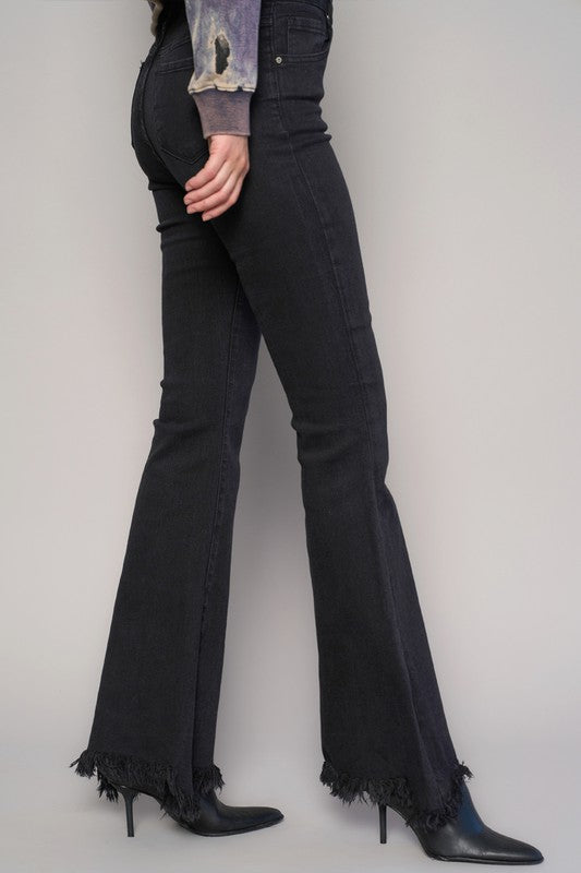 button fly fray Button Fly Fray Hem Flare Jeans view 2 (bottom) - shop at us.meeeshop