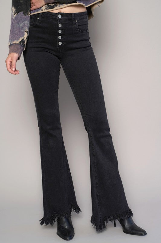 Button Fly Fray Hem Flare Jeans | Denim Lab USA | us.meeeshop