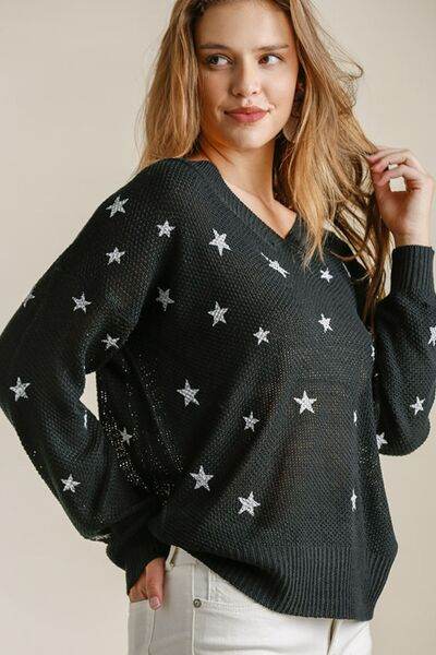 Umgee Star V-Neck Long Sleeve Sweater Plus Size - us.meeeshop