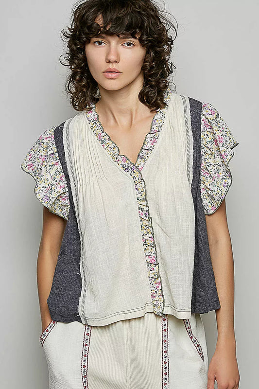 pol neck floral POL V-neck Floral Ruffle Sleeve Blouse view 2 (top) - shop at us.meeeshop