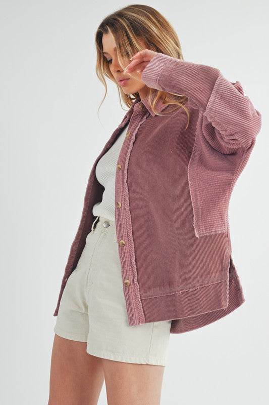 Aemi + Co Side Slit Exposed Seam Button Up Corduroy Jacket - us.meeeshop