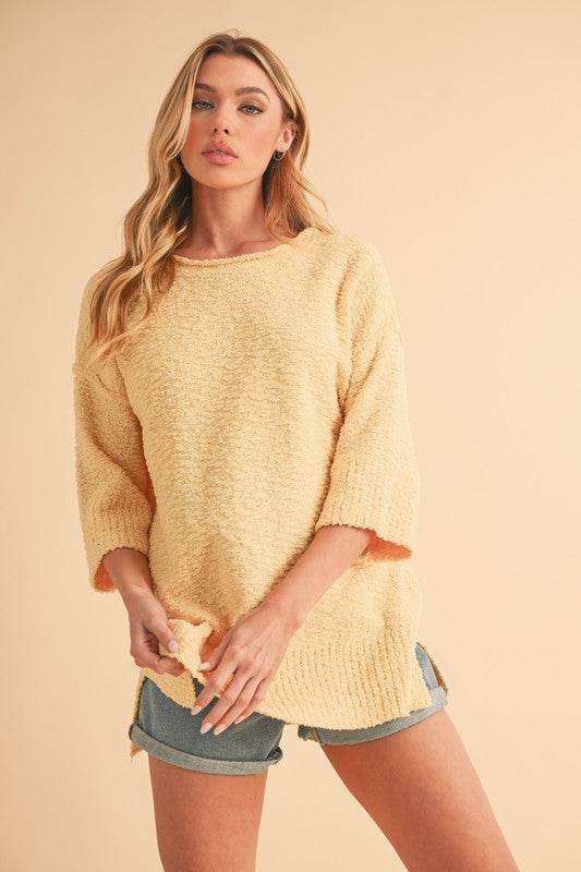 Aemi + Co Side Slit Ribbed Hem Round Neck Sweater - us.meeeshop