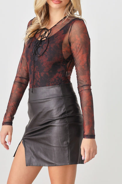 HERA COLLECTION Abstract Mesh Lace-Up Long Sleeve Bodysuit | us.meeeshop