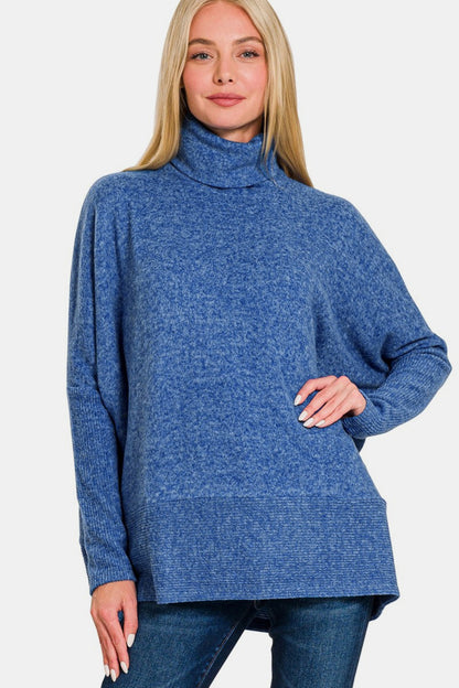 Zenana Full Size Brushed Melange Hacci Turtleneck Sweater In Navy