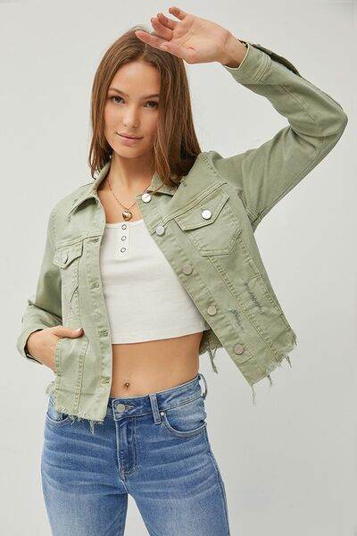 RISEN Raw Hem Button Up Cropped Denim Jacket Plus Size - us.meeeshop