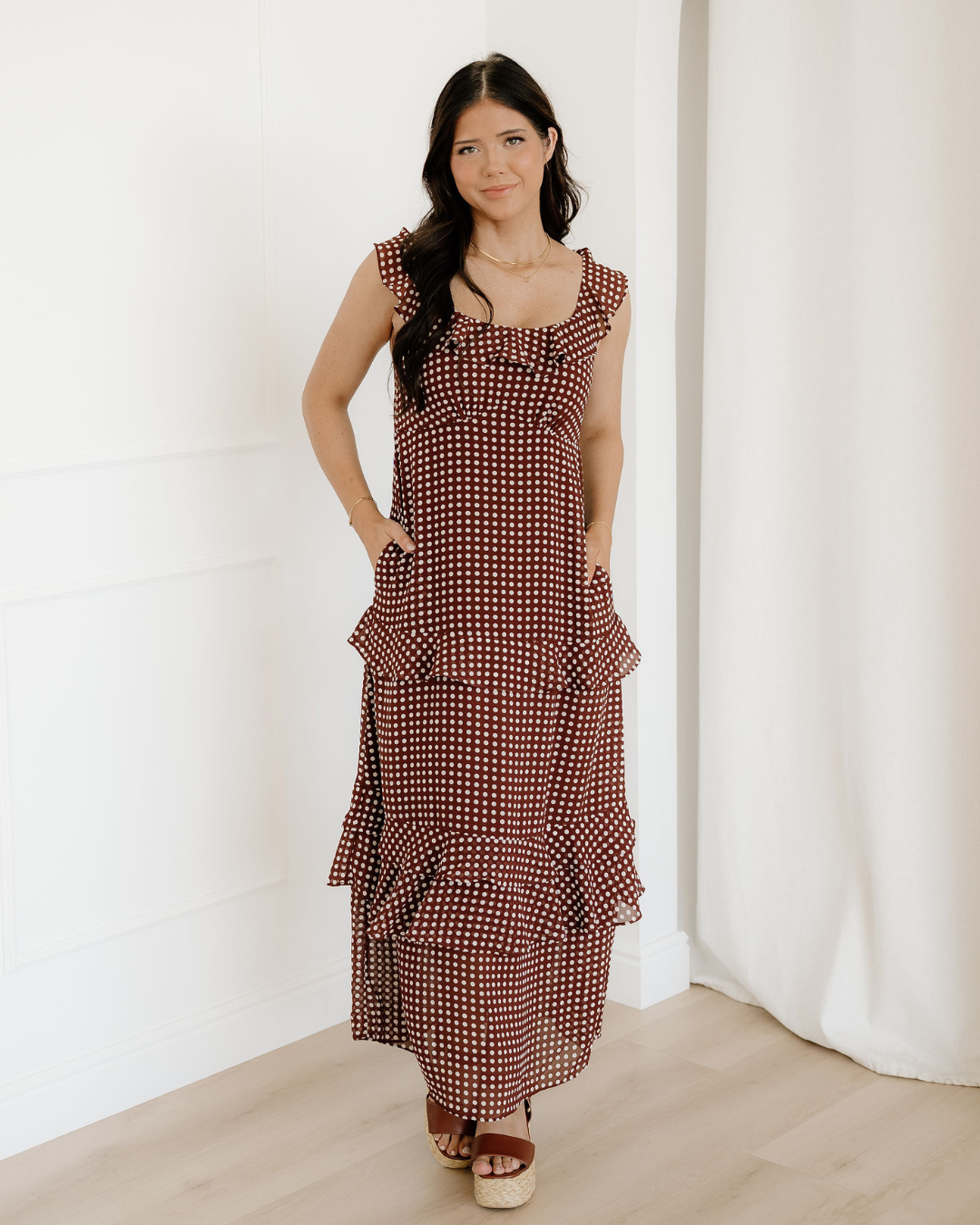 irene coffee polka Irene Coffee Polka Dot Print Backless Ruffled Tiered Maxi Dress view 9 (dress) - shop at us.meeeshop