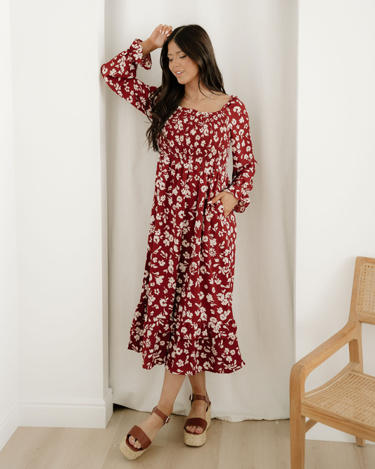 lydia sleeve square Lydia Sleeve Square Neck Smocked Maxi Dress Red (dress) - shop at us.meeeshop