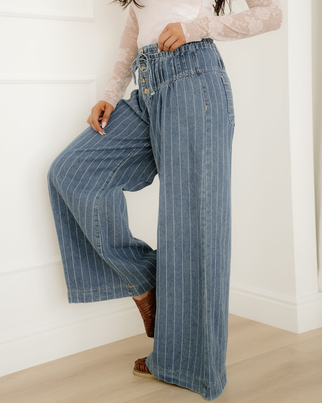 cora stripe button Cora Stripe Button Pleated Drawstring Waist Casual Wide Leg Jeans view 7 (bottom) - shop at us.meeeshop