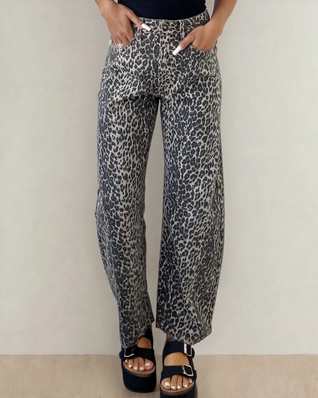 naeve leopard print Naeve Leopard Print High Waist Barrel Jeans view 2 (bottom) - shop at us.meeeshop