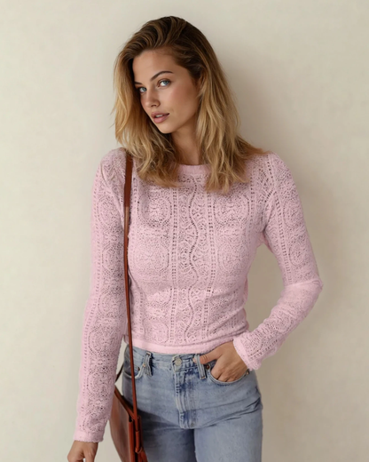 Juliette Semi Sheer Lace Long Sleeve Cropped Top - Light Pink