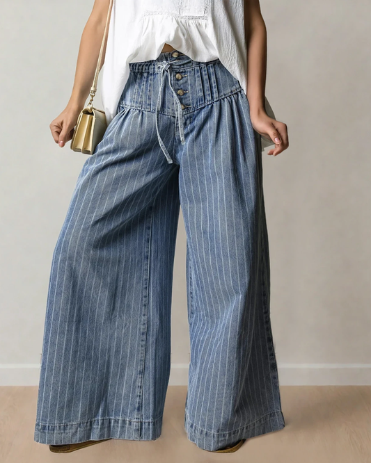 cora stripe button Cora Stripe Button Pleated Drawstring Waist Casual Wide Leg Jeans view 2 (bottom) - shop at us.meeeshop