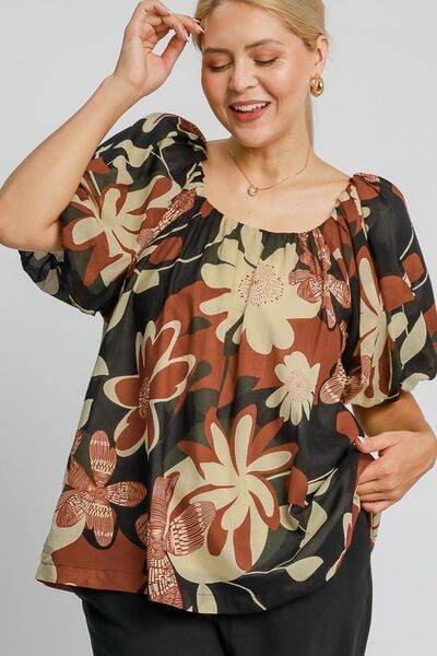 Umgee Print Round Neck Puff Sleeve Top Plus Size - us.meeeshop