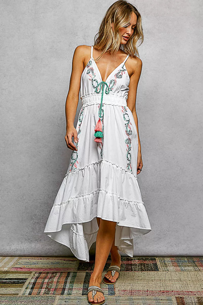 pol embroidered detail Pol Embroidered Detail Tassel Tie Smocked Waist Midi Tiered Cami Dress view 3 (dress) - shop at us.mee