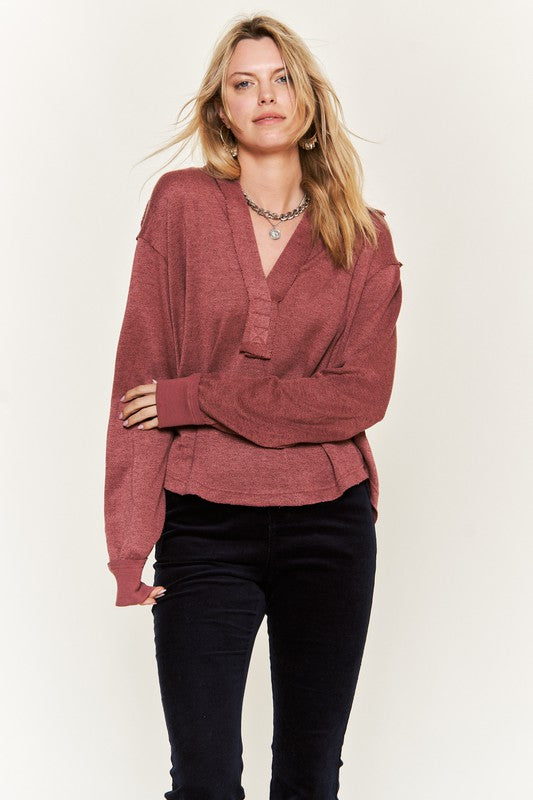 Jade By Jane Deep V-neck Collared Long sleeve Knit Top | us.meeeshop