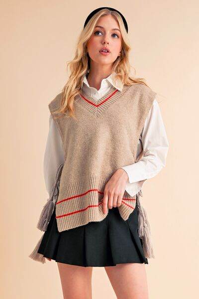 Aemi + Co Ribbed V-Neck Sweater Vest with Tassel - us.meeeshop