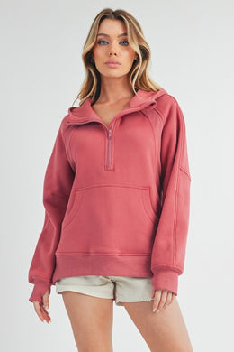 Aemi+Co Half Zip Raglan Sleeve Hoodie with Kangaroo Pocket in Deep Rose