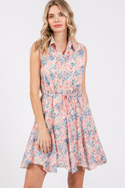 GeeGee Full Size Floral Eyelet Sleeveless Mini Dress | us.meeeshop