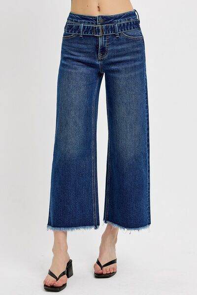 RISEN Raw Hem Wide Leg Attached Buckle Jeans - us.meeeshop