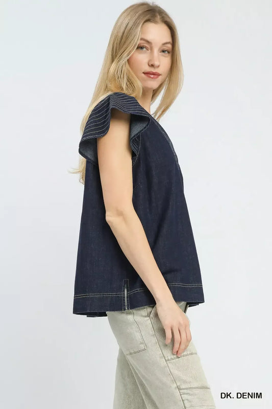 Umgee Cap Sleeve Denim Top (women's shirts & tops) view 2 - shop at us.meeeshop