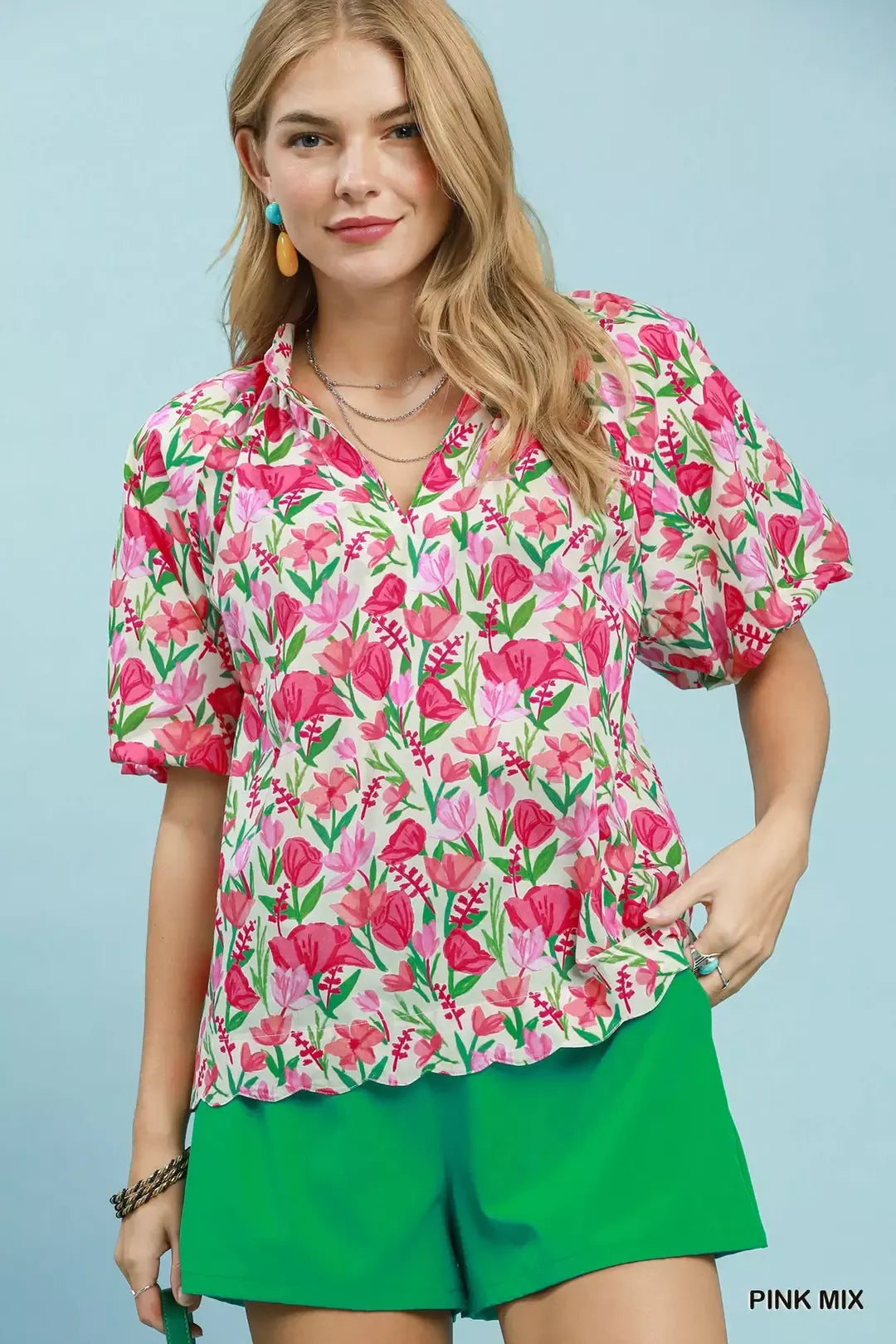 umgee floral puff Umgee Floral Puff Sleeve Blouse with Scalloped Details PINK MIX (top) - shop at us.meeeshop