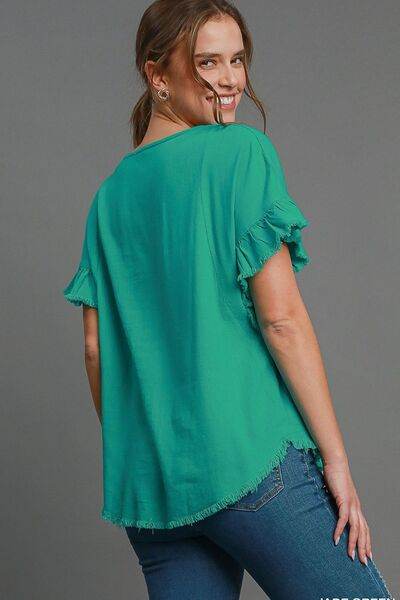 Umgee Raw Hem Ruffle Short Sleeve Blouse Plus Size - us.meeeshop