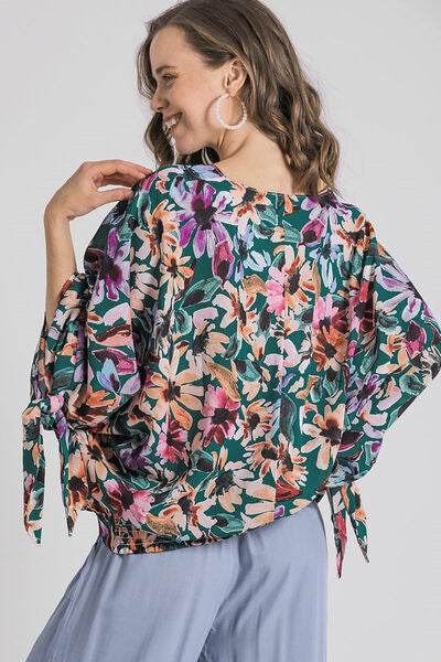 Umgee Floral V-Neck Tie Sleeve Blouse Plus Size - us.meeeshop