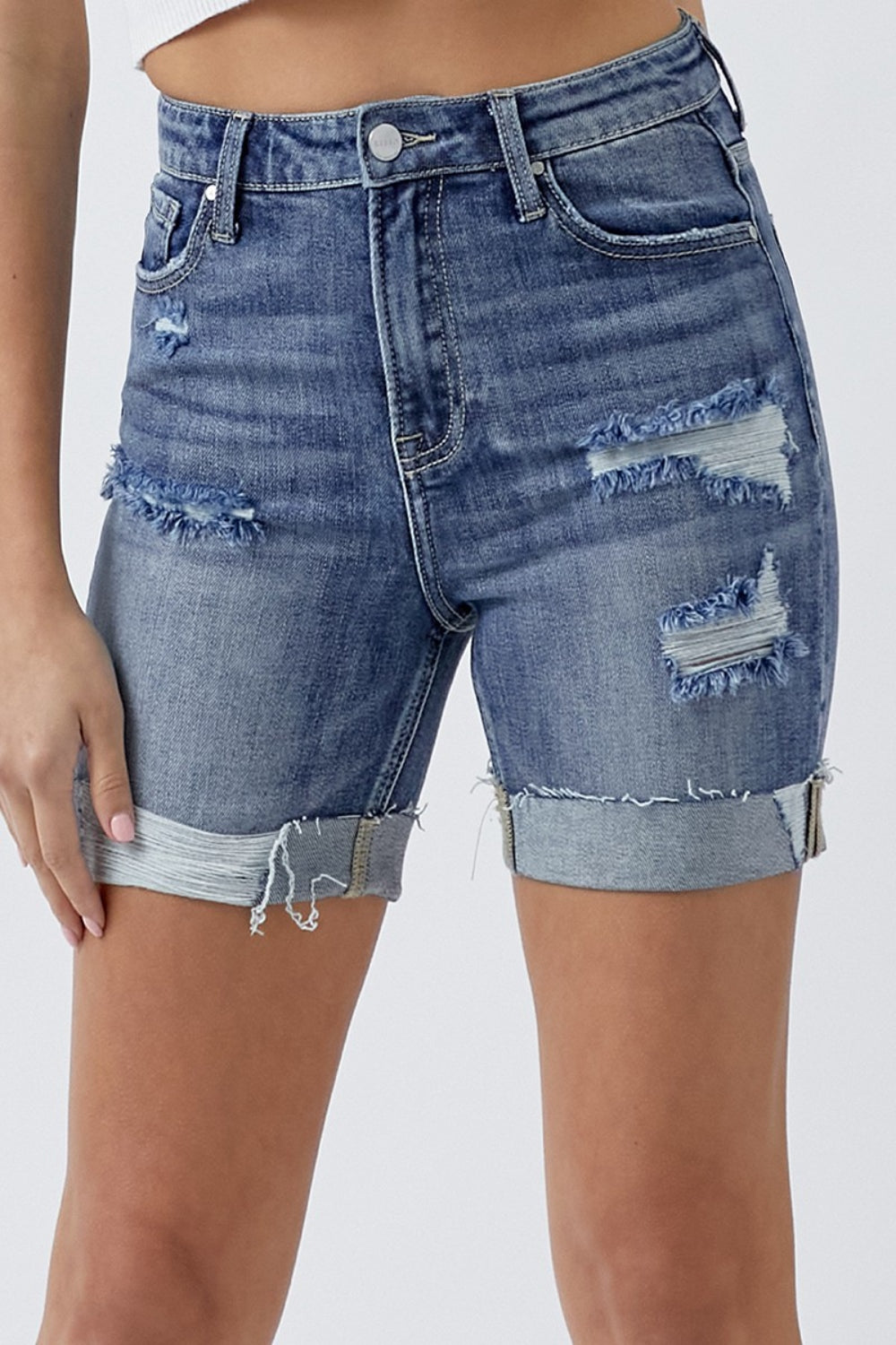 RISEN Full Size Distressed Rolled Denim Shorts with Pockets | us.meeeshop
