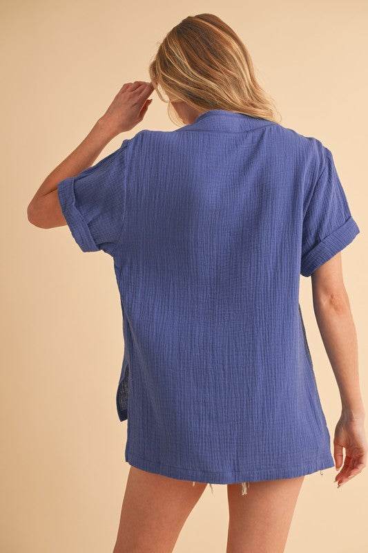 Aemi + Co Side Slit V-Neck Short Sleeve Blouse in Light Indigo - us.meeeshop