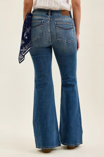 judy blue mid Judy Blue Mid Rise Jaqueline Flare with Triple Needle Back Pkts and Bandana Loop view 4 (piece) - shop at us.me