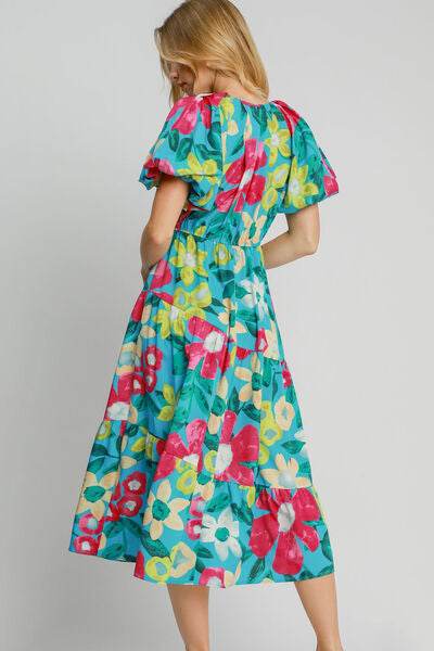 Umgee Tiered Floral Print Notched Puff Sleeve Midi Dress Plus Size - us.meeeshop