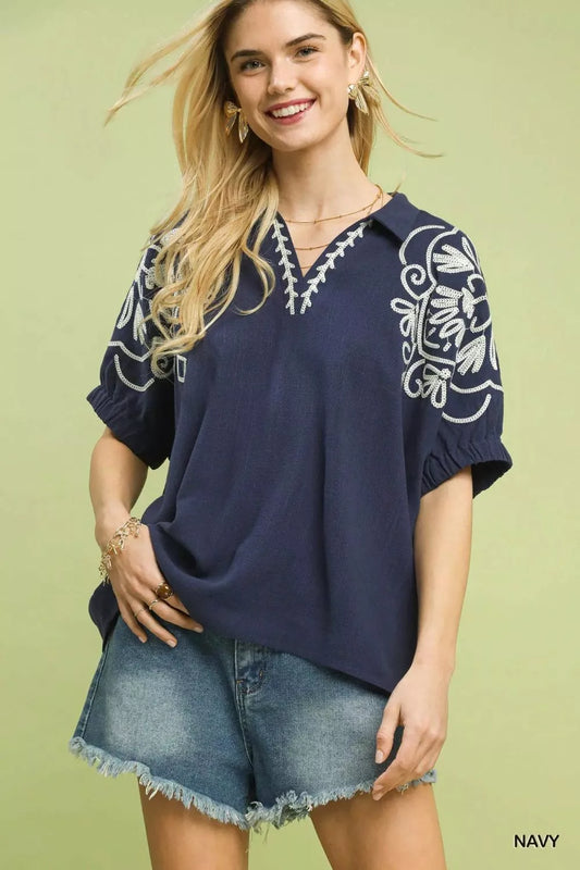 Umgee Floral Embroidered Sleeve Blouse (women's shirts & tops) - shop at us.meeeshop