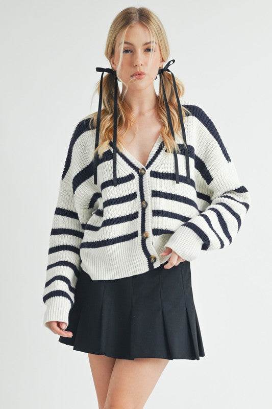 Aemi + Co Striped V-Neck Button Down Cardigan - us.meeeshop