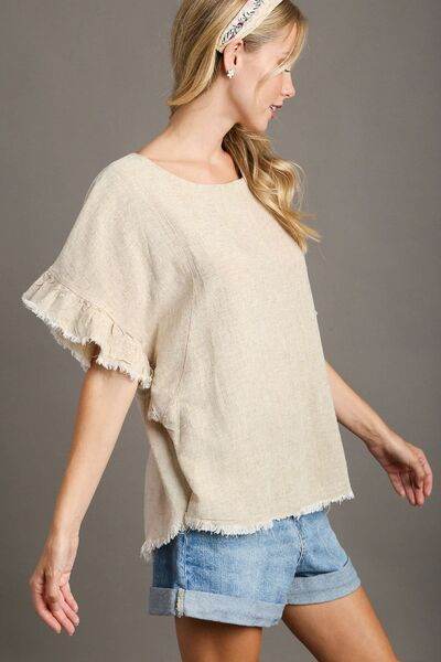 Umgee Raw Hem Ruffle Short Sleeve Blouse Plus Size - us.meeeshop