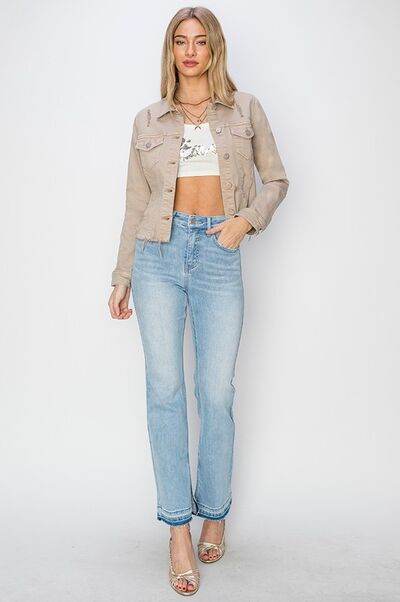 RISEN Raw Hem Button Up Cropped Denim Jacket Plus Size - us.meeeshop