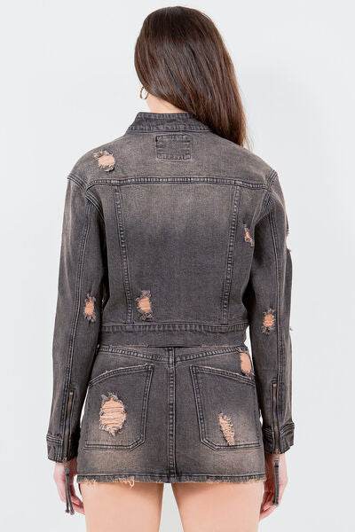 American Bazi Distressed Star Stud Trim Denim Rider Jacket Plus Size - us.meeeshop