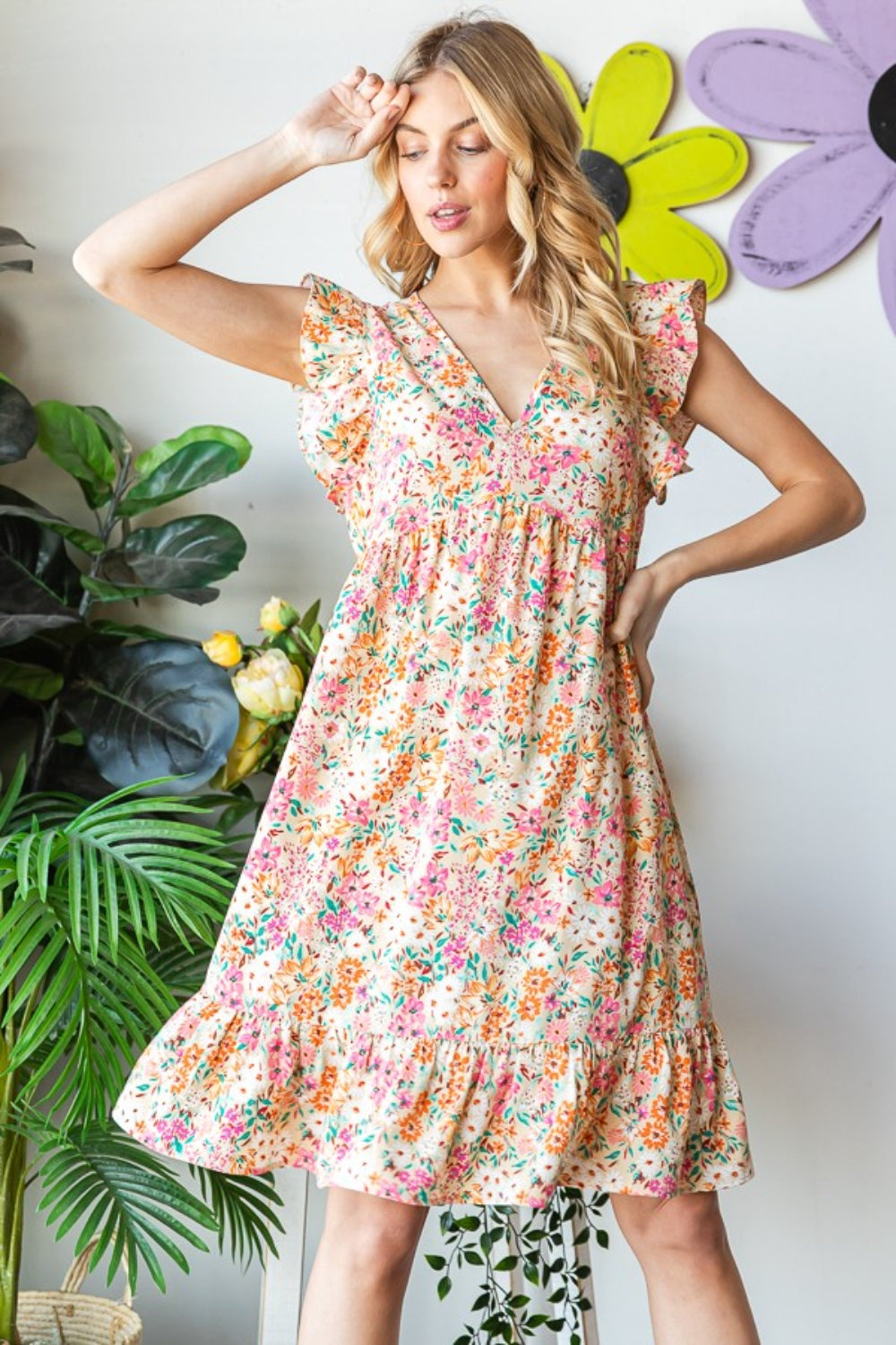 Heimish Full Size Floral Ruffled V-Neck Dress | us.meeeshop