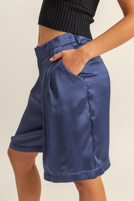 HYFVE High-Waist Pleated Satin Shorts in Dusty Blue - us.meeeshop