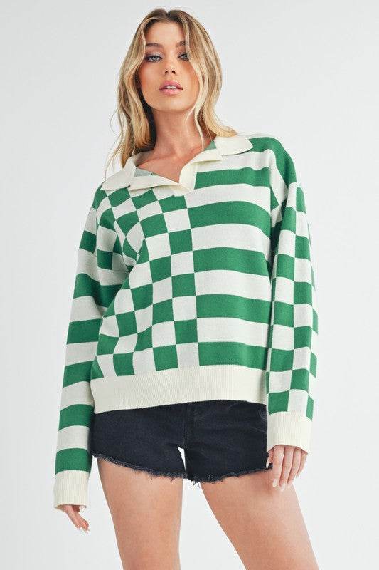 Aemi + Co Striped & Checkered Drop Shoulder Sweater - us.meeeshop