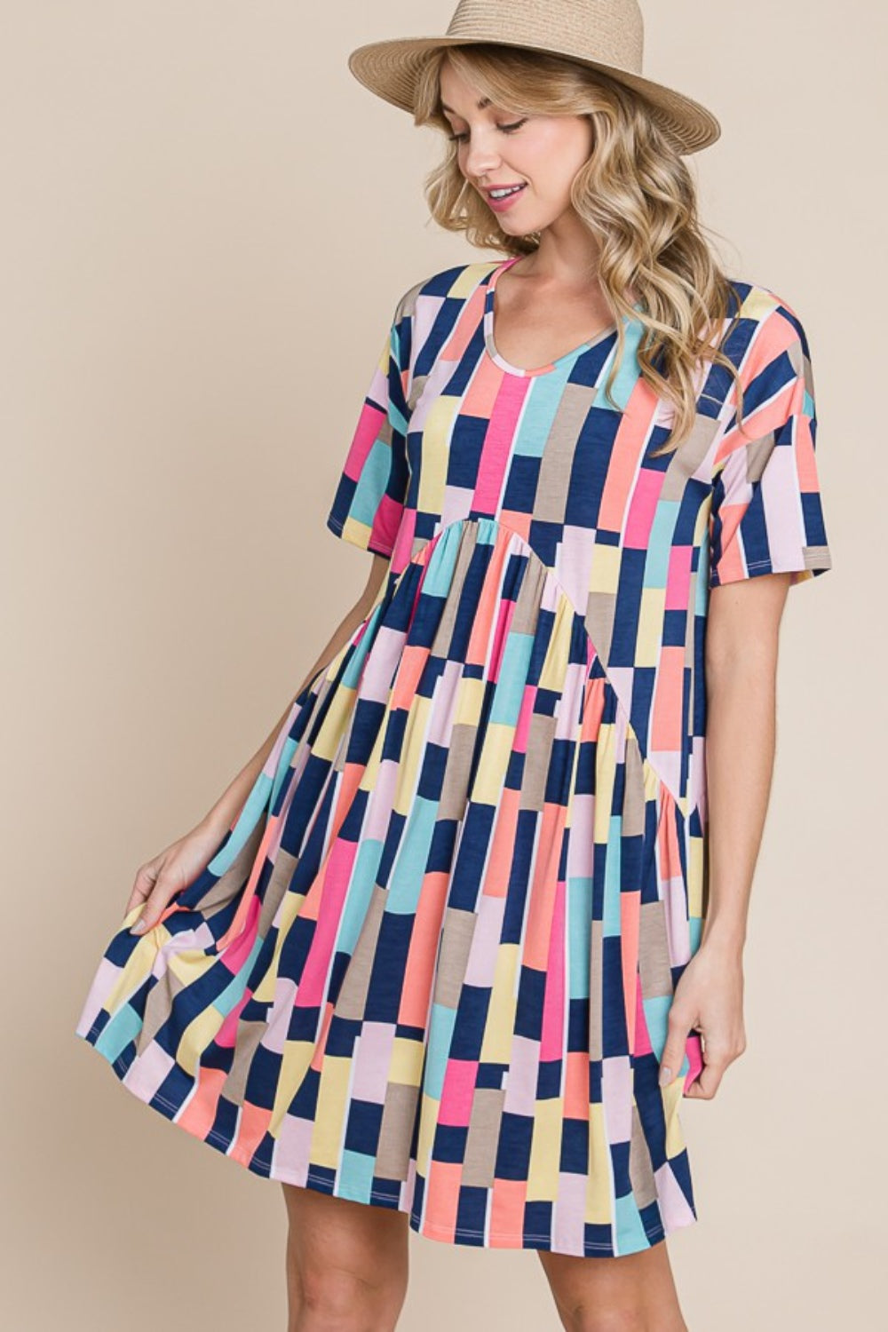 BOMBOM Ruched Color Block Short Sleeve Mini Dress | us.meeeshop