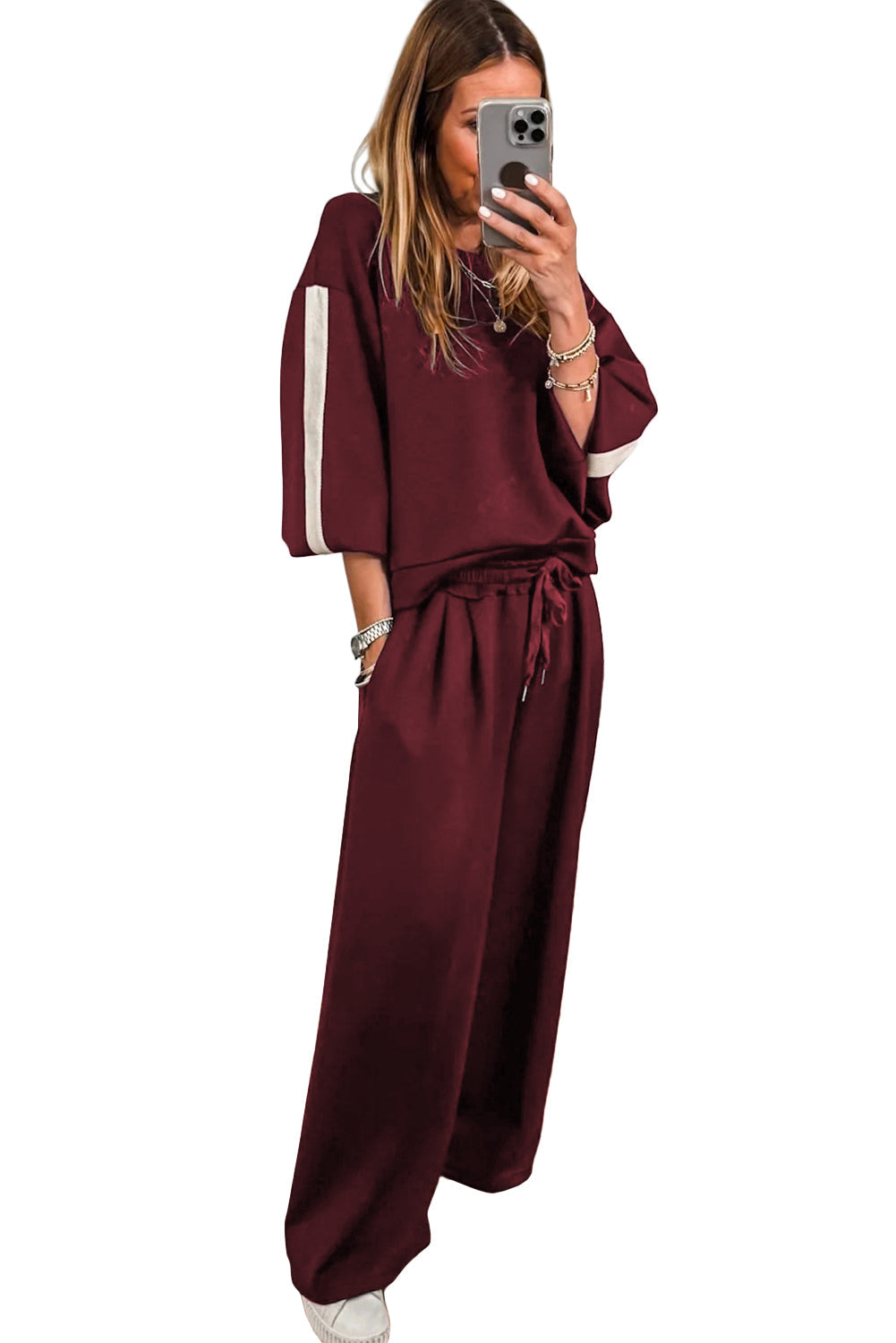 phoebe varsity striped Phoebe Varsity Striped 3/4 Sleeve Pullover Drawstring Sweatpants Set view 7 (bottom) - shop at us.meee