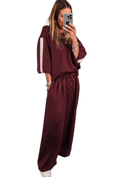 phoebe varsity striped Phoebe Varsity Striped 3/4 Sleeve Pullover Drawstring Sweatpants Set view 7 (bottom) - shop at us.meee