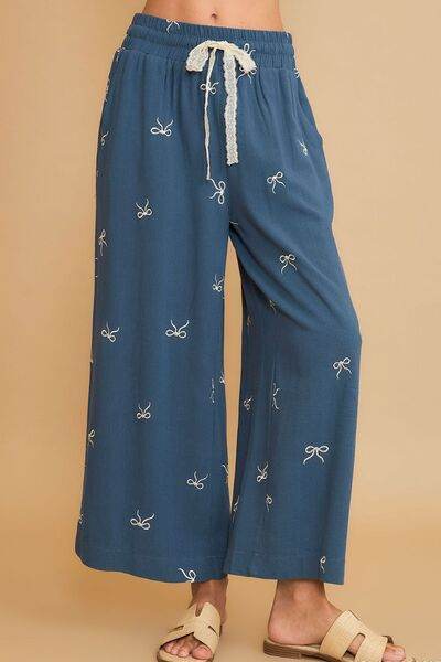 Umgee Lace Drawstring Embroidered Bow Wide Leg Pants Plus Size - us.meeeshop