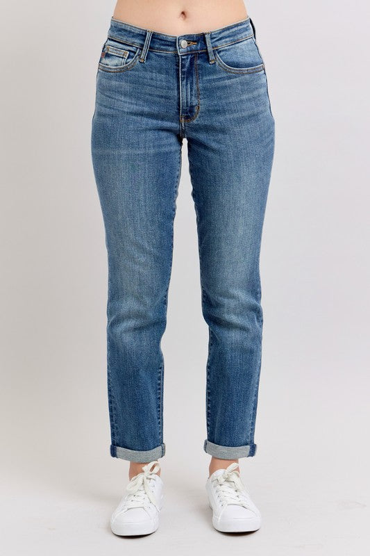 Judy Blue Full Size Mid Rise Skinny Cuff Jeans with Pockets Plus Size - us.meeeshop