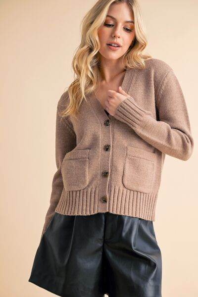 Aemi + Co Ribbed Hem Button Down V-Neck Cardigan - us.meeeshop