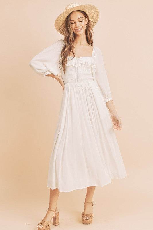 Aemi + Co Ruffled Smocked Square Neck Balloon Sleeve Dress - us.meeeshop