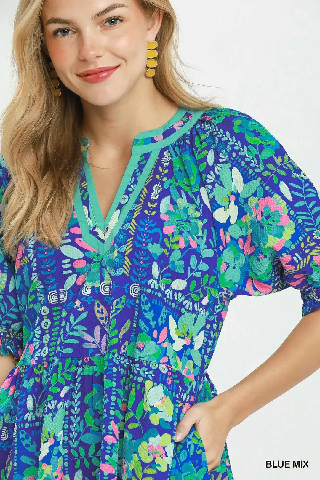 umgee mix botanical Umgee Mix Botanical Print Puff Sleeve Tiered Dress view 4 (dress) - shop at us.meeeshop