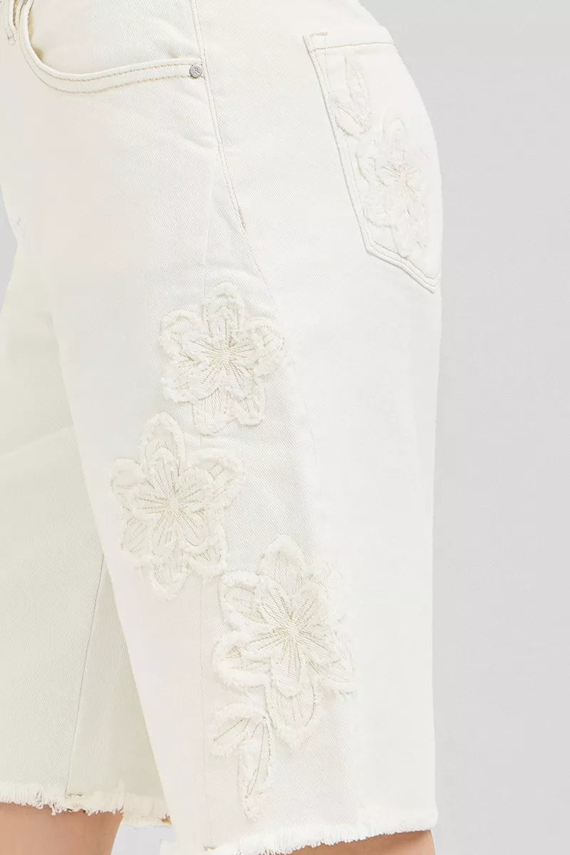 risen slouchy relaxed Risen Slouchy Relaxed Floral Embroidered Bermuda Denim Shorts view 7 (bottom) - shop at us.meeeshop
