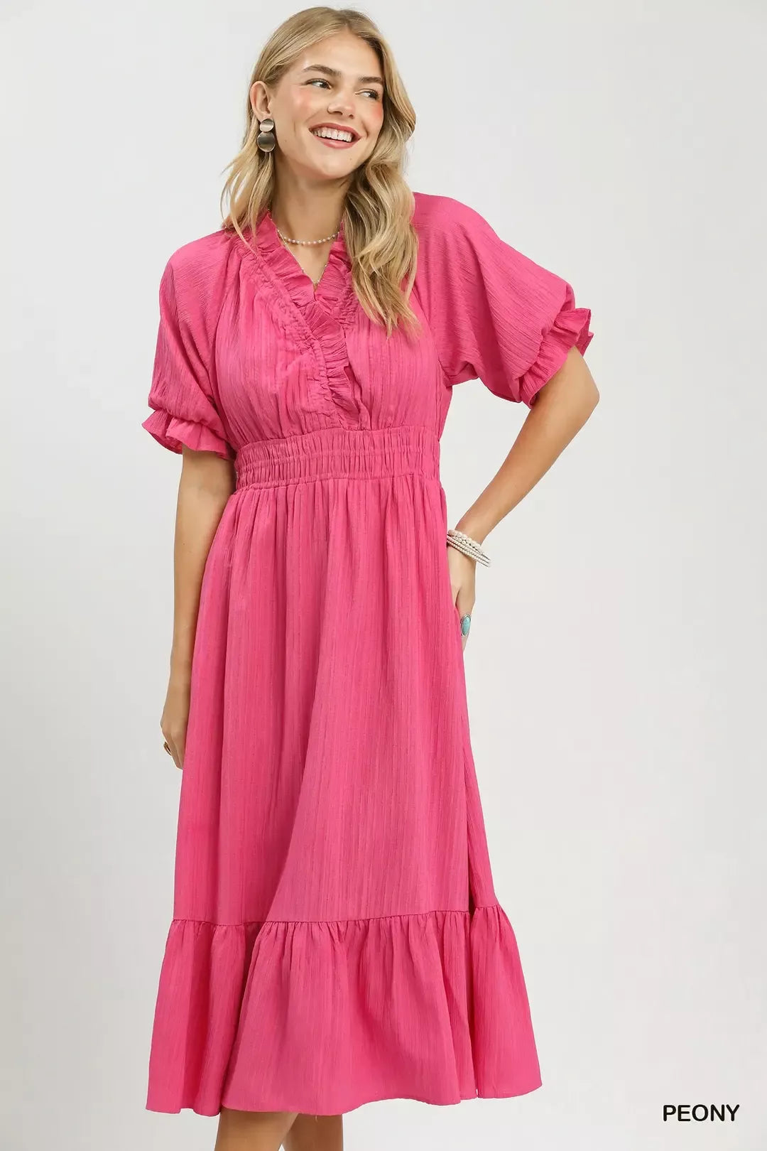 umgee ruffle neck Umgee Ruffle V-neck Midi Dress view 5 (dress) - shop at us.meeeshop