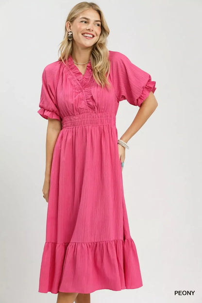 umgee ruffle neck Umgee Ruffle V-neck Midi Dress view 5 (dress) - shop at us.meeeshop